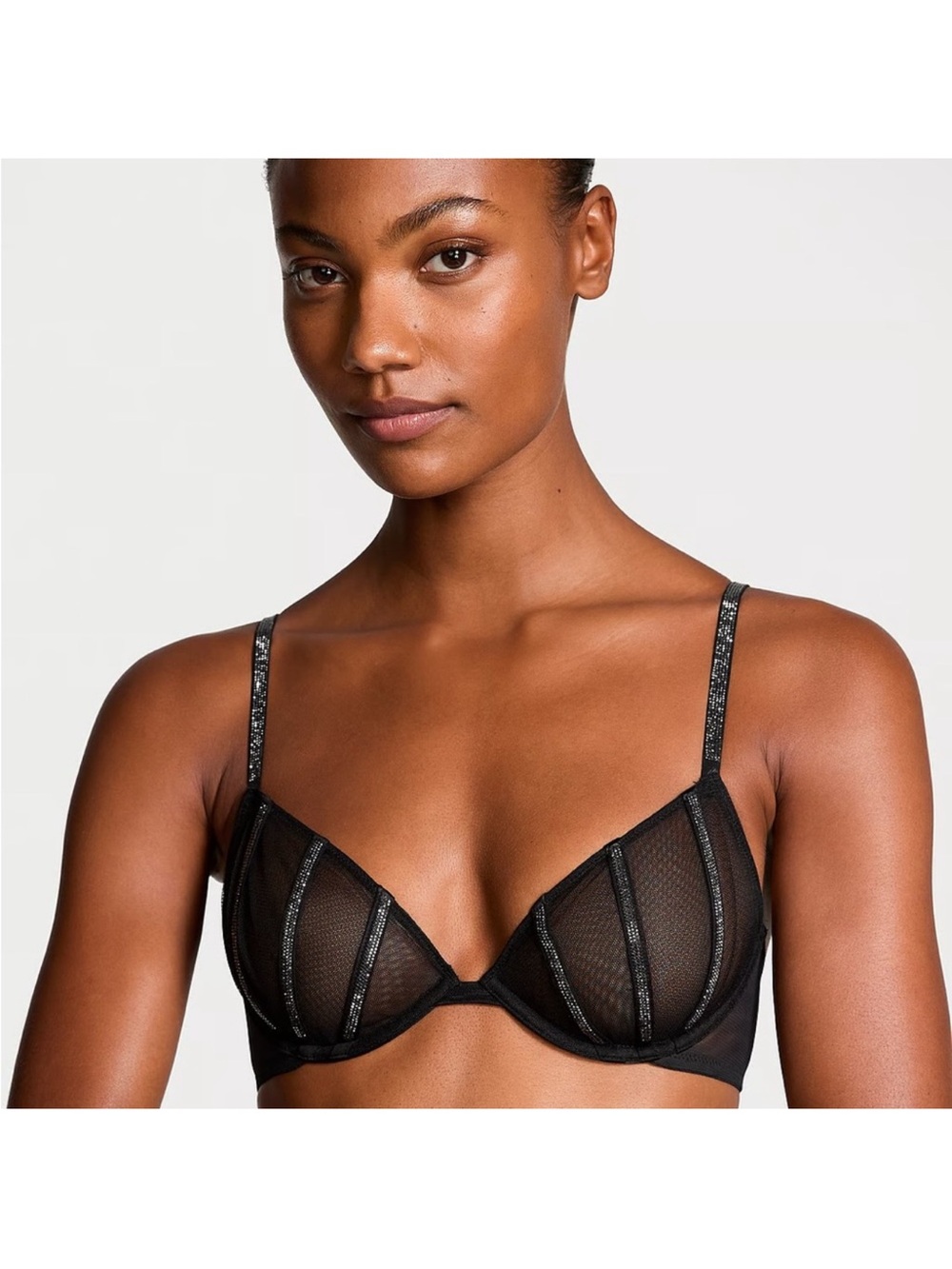 NWOT Victoria Secret Sheer Shine unlined low cut Demi Black Lace Underwire Bra